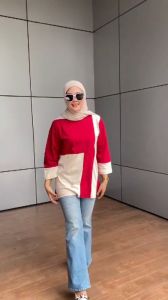 Aldira Oversize Atasan Wanita Maroon Combi Cream Simple Terbaru2025