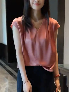 QINGNAER | Slimming Youthful Elegant Pink V-Neck Summer Blouse