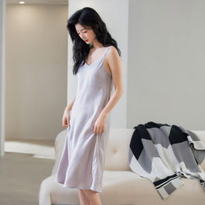 miiow | Ice Silk Sleep Dress Womens Summer Thin Anti-Bulge Strapless Gown Cooling Home Clothes With Chest Pad V-Neck Mid-Length Dress