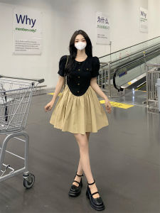 พลัสไซส์ กระดุมเดี่ยวฝรั่งเศสสีตัดกัน สลิมฟิต เดรส ผู้หญิง ฤดูร้อน แขนฟองใหม่ พลีท เอว กระโปรงทรงเอ