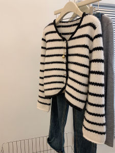YUFUQING | Early Autumn 2024 Korean Style Small Fragrance Wind Black White Striped Knitted Sweater Coat High End Open Cardigan Top Outerwear