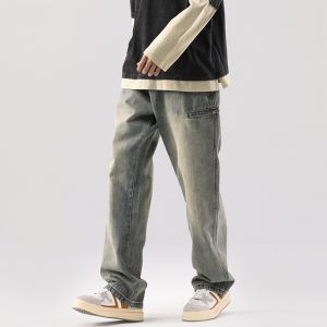 New 2024 Trendy Vintage Mens Jeans Loose Straight Leg High Street Casual Long Pants Wear Resistant Youth Popular Daily Wear