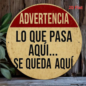 2D Flat 1pc Vintage "What Happens Here Stays Here" Spanish Humor Quote Sign - Round Wall-Mountable Retro Plaque