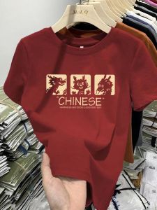 Áo Thun Cotton Tay Ngắn Màu Đỏ Pure Cotton round Neck T-Shirt Cho Nữ Dáng Rộng Thoải Mái Mùa Hè 2025 Áo Thun Tay Lửng Thường Ngày