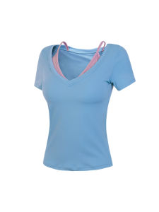 Fitness Girl Yoga Clothes Short Sleeve Elastic Slimming Pilates Running Sports Top Summer Thin Fake Two-Piece Gymwear