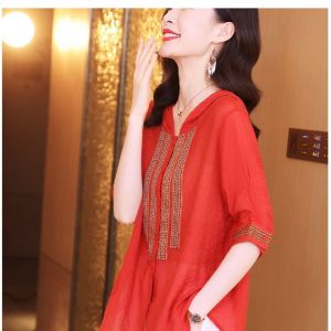 HerStore Plus Summer Womens Ethnic Style Embroidered Hooded Top Short Sleeve V Neck Shirt