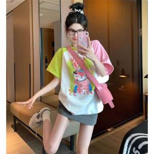 Summer Ins Style Color Matching Short-Sleeved T-shirt Female Loose Slim Looking Design Western Style Youthful-Looking Sweet Elegance Dopamine Tops