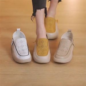 Platform mesh and breathable loafers Retro Fashion Round Toe Feet sports shoes Womens shallow mouth summer new fashion hollow round toe shoes Womens slip-on fashion all-match casual shoes preppy style loafers
