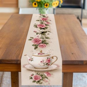 Pink Rose Flower Style Linen Table Runner for Tea Party Garden Picnic Kitchen Decorative Tablecloth Accessory
