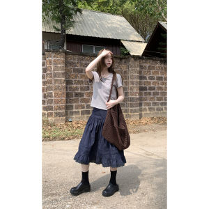 Váy Midi Cotton Lanh Cổ Điển HelloooEat Xếp Ly Ren Đan Nối Váy Chữ a Cạp Vừa Phong Cách Hàn Quốc Váy Midi Chữ a