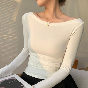 White One-Shoulder Long-Sleeve Womens Base Shirt Design Sensation Niche Style Slimming Versatile Top for Autumn