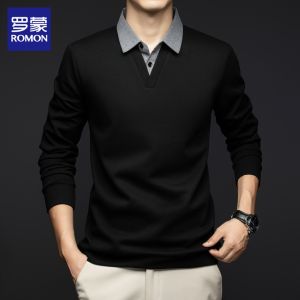 Romon Casual Shirt Collar Long Sleeve Sweatshirt Mens Autumn Winter Fashionable Fake Two-Piece Comfortable Polyester T-Shirt