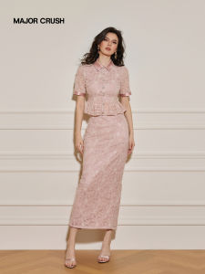 Pink Mist Lace Floral Design Pencil Skirt Set