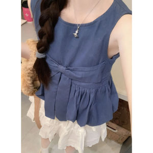 YUEZHONGWEI | French Lace Splice Butterfly Knot Blue Denim Strap Vest Women Summer Outerwear Sleeveless Doll Shirt Top Commute Style Loose Fit