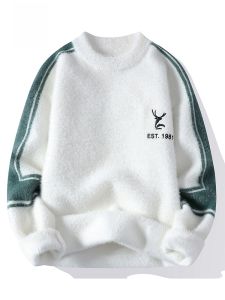 ROMON | Romon Mens Knitted Sweater Fleece Lined Casual Loose Thick Warm Trendy Round Neck Winter Fashion Long Sleeve Youth Polyester Nylon Blend