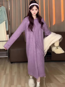 Fancy Purple Hooded Knitting Dress Womens Autumn and Winter Loose Inner Matching Coat Lazy Sweater Long Skirt