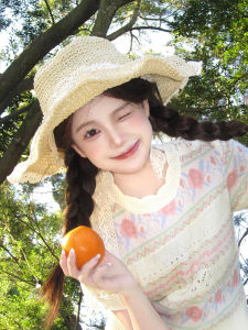 Womens Hollow out Straw Hat Lace Trimmed Beach Sun Hat Large Brim Casual Style for Outing Spring Summer Autumn Seasons