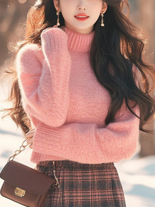 Elegant French Style Knitted Pink High Collar Long Sleeve Sweater Womens Casual Autumn Winter Casual Lazy Soft Cozy Overhead Shirt