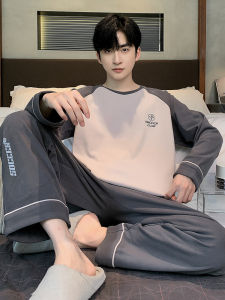 Thickened Long Sleeve Sleepwear Set Mens Autumn Winter Fleece Lined Casual Wearable Home Clothes Set Soft round Neck Design