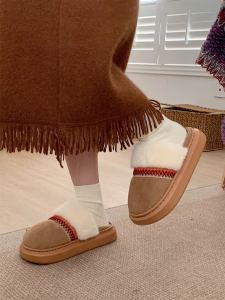 Comfortable Ethnic Style Womens Slippers Winter Outdoor Home Shoes Soft Velvet Flat Heel Color Block Cotton Slippers