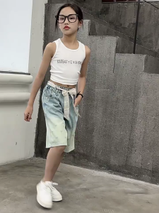 Half Denim Shorts for Kids Girls with Silk Belt Korean Loose Jeans Maong Shorts for Kids Girl 5-16Yr Sweet Girl