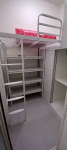 Loft bed mattress with shelf and sliding wardrobe +lourve door customize singapore for helper room /bobm shelter/store room/unity