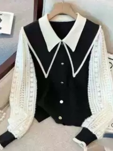 เสื้อสเวตเตอร์ถักคอปกหวานไซส์ใหญ่ ทรงหลวม แขนยาว ปกโปโล ผ้าถักผสมโพลีเอสเตอร์ ฤดูใบไม้ร่วง 2025 สำหรับผู้หญิง