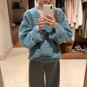 XUECAIQI | Warm Elegant Short Tweed Coat Blue V-neck