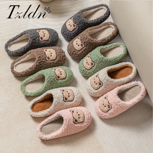 TZLDN Fashion Mens Slippers Winter Warm Cartoon Bear Lovely Indoor Soft Sole Non-slip Dormitory Causal Home Plush Shoes Couple
