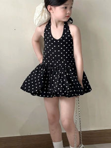 Elegant Black Polka Dots Halter Neck Sleeveless Summer Princess Dress