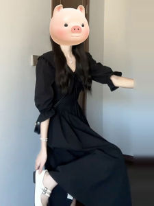 PEIZIXUAN | Đầm Dài Tay Màu Đen Phong Cách Audrey Pháp Elegance