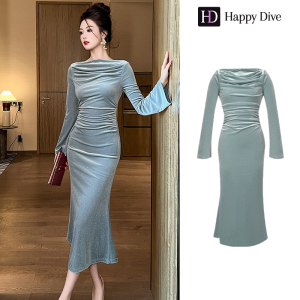 Happy Diva เดรสผู้หญิง เดรสสีฟ้า เดรสกำมะหยี่ เดรสปาดไหล่ เดรสทำงาน เดรสไฮโซ เดรสวินเทจ เดรสออกงาน เดรสปาร์ตี้ ชุดราตรี 31125