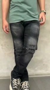 Celana Jeans Panjang Sobek Ripped Lutut Black Jazz Snow Slimfit Stretch Destroy Premium