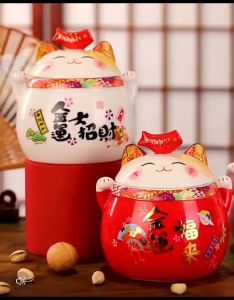 OHHDEER 6 Inch Ceramic Fortune Cat Sealed Jar Maneki Neko Ornament Decoration Lucky Cat Canister
