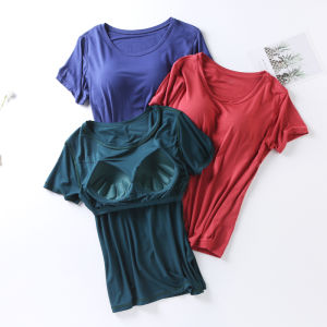 Modal Fabric Integrated Bra Home Short Sleeve Half Sleeve Yoga Top Pure Color Base T-Shirt for Women Summer Simple Style