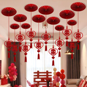 Wedding Decorations Red Double Happiness Character Pull String Flower Ceiling Decoration Bedroom Living Room Festive Supplies