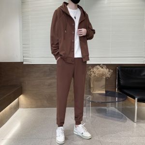 ROMON | Romon Mens Casual Hooded Sweater Cardigan Set Spring New Style Long Sleeve Sports Pants Two-Piece Suit Polyester Spandex Blend