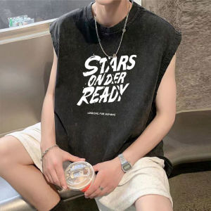 เสื้อกั๊กผู้ชายแขนกุดสไตล์อเมริกันฤดูร้อน 2025 แบรนด์ใหม่ สปอร์ต ลำลอง ไฮสตรีท แขนกุด ไม่มีไหล่ เสื้อยืดคอตตอน