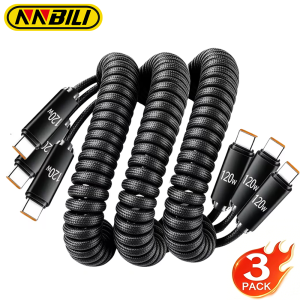 NNBILI 3pcs 120W Type C To Type C Cable 5A Fast Charge USBC Type C Spring Car Charger Cable For iPhone 17 Huawei Samsung Macbook