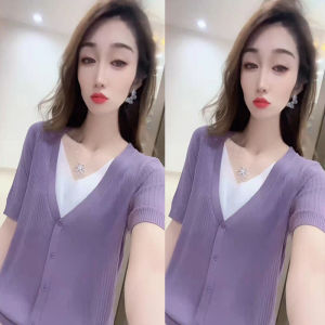 New 2022 Womens Fashionable Thin Knitted Short Sleeve T-Shirt V-Neck Slimming Ice Silk Base Shirt Versatile Commute Classic Summer