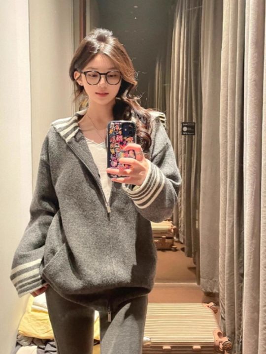 XIAOQIAOJIA | Áo len cardigan dài tay màu xám sọc kiểu dáng rộng rãi ...