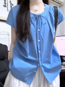 Y6Y | Áo sơ mi cotton mỏng tay ngắn mùa hè màu xanh lam cho nữ dáng rộng phong cách ngọt ngào kiểu Pháp chất lượng cao mới 2025