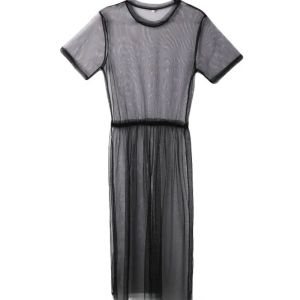 เสื้อคลุมมีฮู้ดตาข่ายสีดำโปร่งแสงสำหรับผู้หญิง แขนสั้น เสื้อคลุมแบบสวมหัว สไตล์สตรีท กระโปรงยาวปานกลาง ฤดูร้อน