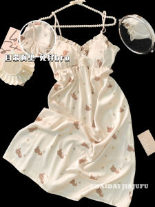 น้ําแข็ง ผ้าไหม ผู้หญิง ชุดราตรี ฤดูร้อน บาง เซ็กซี่ พิมพ์หมีเล็ก ชุดนอน เสื้อผ้าบ้าน คอวี ความยาวปานกลาง เดรส โพลีเอสเตอร์ ซับใน