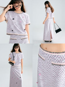 Uare Original Design Knitted Set Floral Button Embroidery Small Fragrance Style Womens Skirt And Top Ensemble Summer 2024