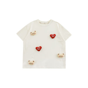 YOEHYAUL | Girls Cartoon Printed Bear 3D Ornament Loose T-Shirt