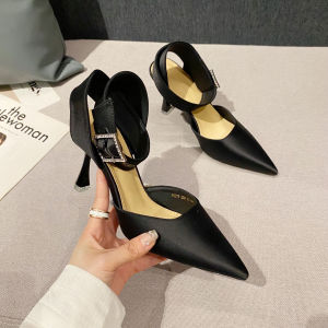 The New Pointed Toe Heeled Sandals Are Solid Color Simple Stiletto Heeled Women's Shoes for Summer Casual Rhinestones for Everyday Versatility and Hollow