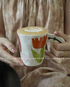 Retro Handmade Style Ceramic Coffee Mug Breakfast Cup Underglaze Color Sesame Glaze Marker Pen Drawing Small Niche Cup Gift