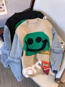 Fake Two-Piece Denim Patchwork Cartoon Smiling Face Sweater Female Loose Design round Neck Knitwear Spring & Fall Couple Coat