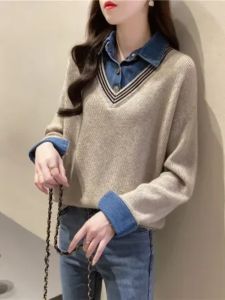 Tail Goods Foreign Orders Big Brand Label Cutting Single Products Fake Two-Piece Denim Patchwork Shirt Collar Sweater Female Loose plus Size Knitwear